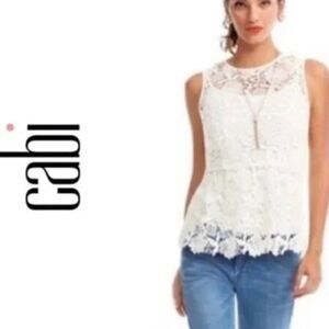 CABI Open Knit Needle Lace Peplum Top White/Ivory S #800 EUC